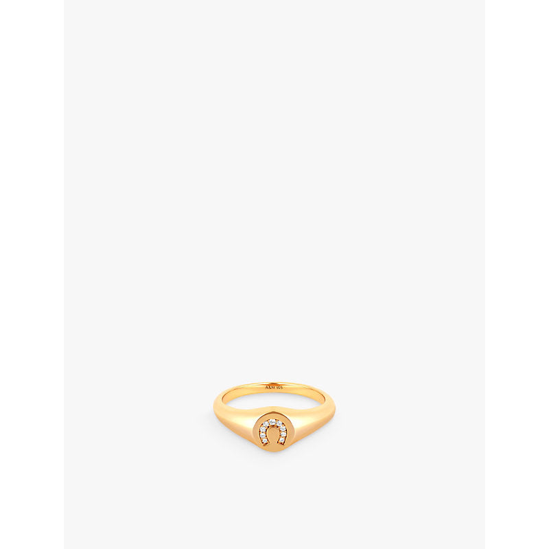 Astrid & Miyu Horseshoe 18ct yellow gold-plated recycled sterling-silver and cubic zirconia signet ring