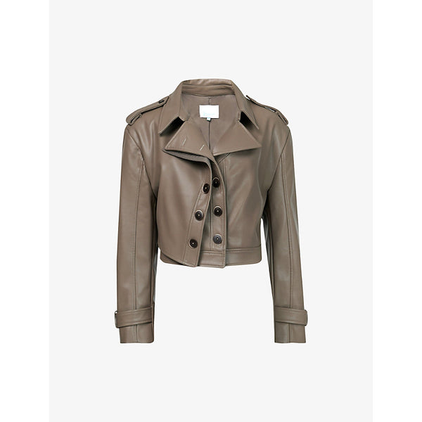 Leem Double-collar long-sleeve cropped faux-leather jacket