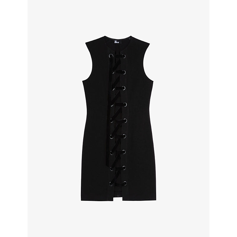 The Kooples Sleeveless velvet-lacing stretch-woven mini dress | THE KOOPLES