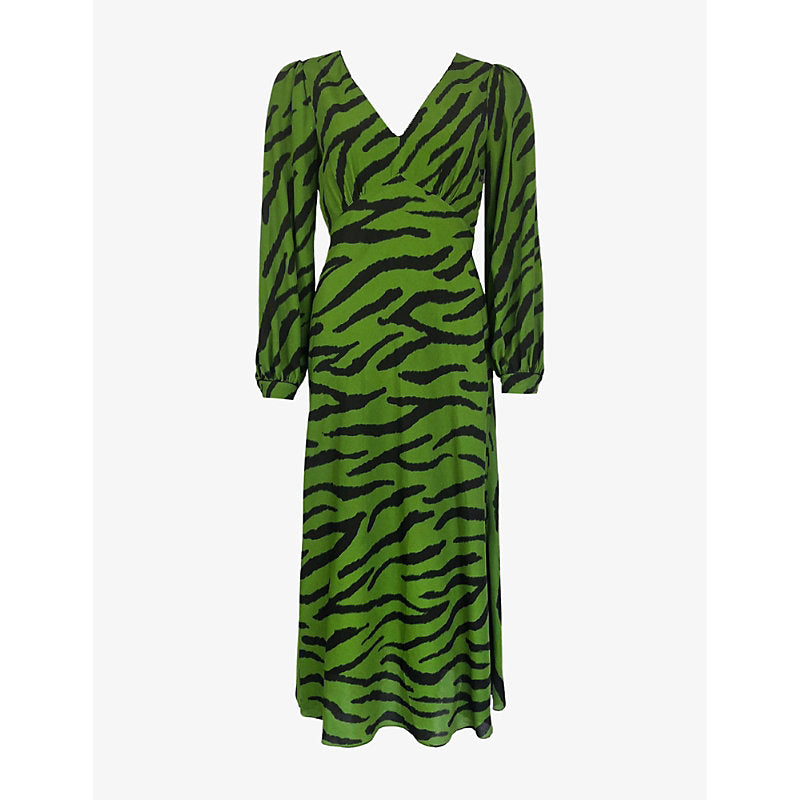 Ro&Zo V-Neck zebra-print woven midi dress | RO&ZO