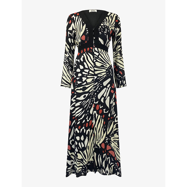 Ro&Zo Butterfly-print V-neck satin maxi dress | RO&ZO