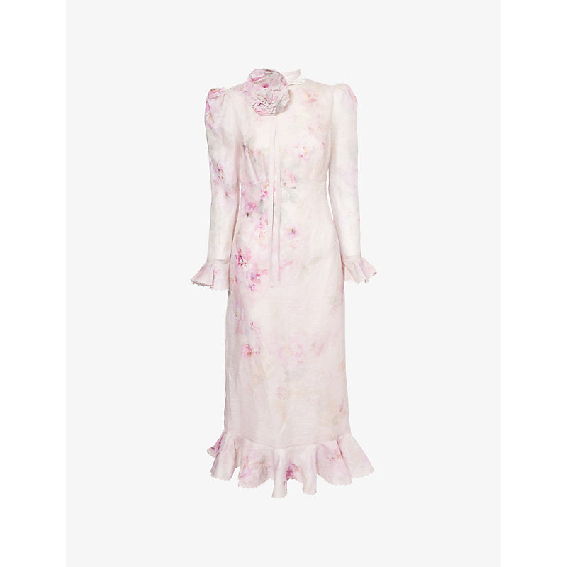 Zimmermann Crush floral-pattern pearl-embellished linen and silk-blend midi dress | ZIMMERMANN