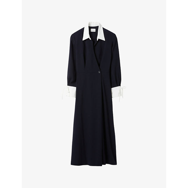 Claudie Pierlot Contrast-collar long-sleeve woven midi dress | CLAUDIE PIERLOT