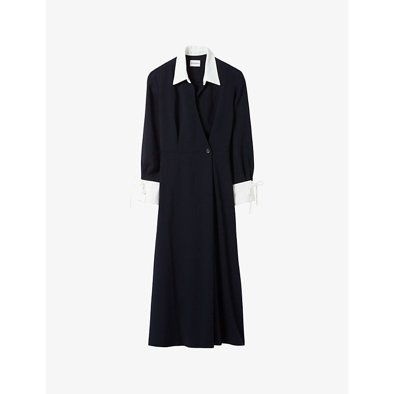 Claudie Pierlot Contrast-collar long-sleeve woven midi dress