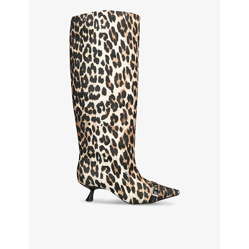 Ganni Leopard-pattern slouchy recycled polyester-blend high-leg boots