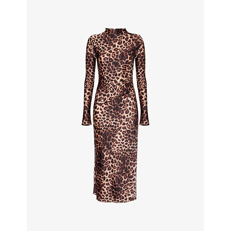 Good American Leopard-print long-sleeves stretch-woven midi dress | GOOD AMERICAN