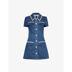 Self-Portrait Pointed-collar crystal-embellished denim mini dress | SELF-PORTRAIT