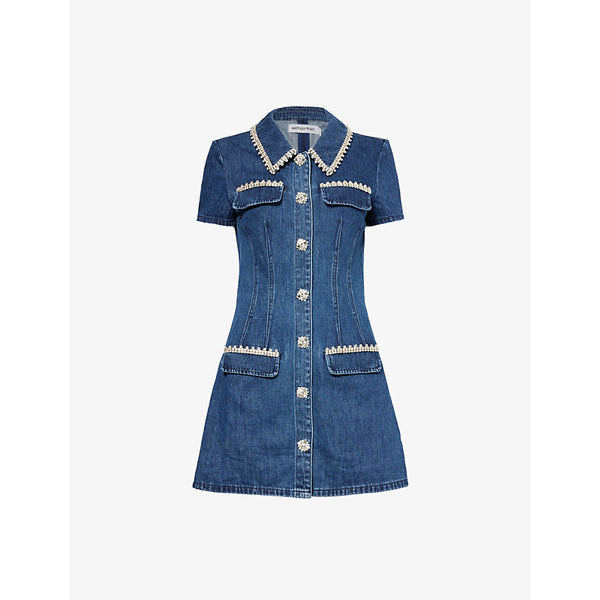 Self-Portrait Pointed-collar crystal-embellished denim mini dress