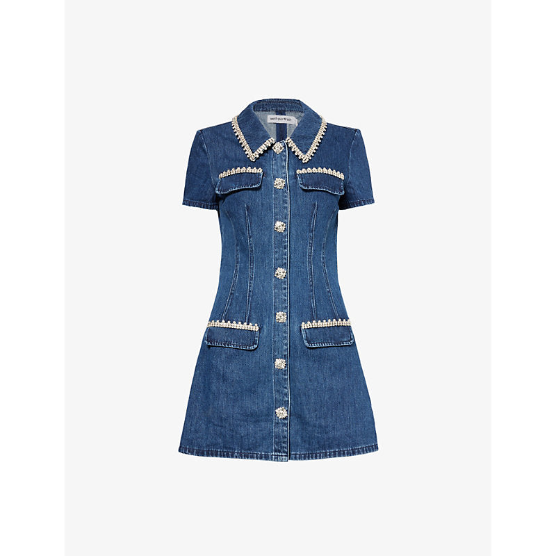 Self-Portrait Pointed-collar crystal-embellished denim mini dress | SELF-PORTRAIT