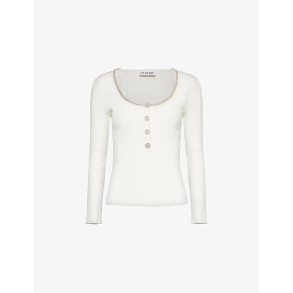 Self-Portrait Crystal-embellished ribbed knit top