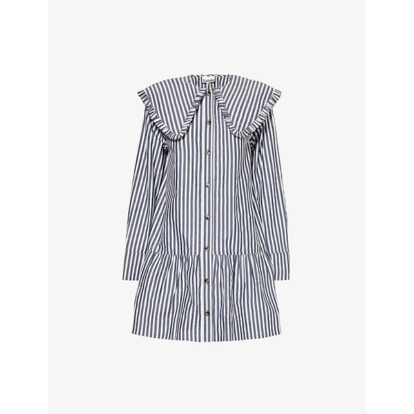 Ganni Wide-collar stripe organic-cotton mini shirt dress