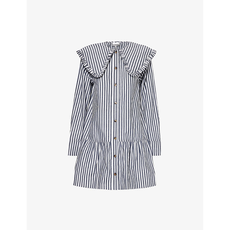 Ganni Wide-collar stripe organic-cotton mini shirt dress