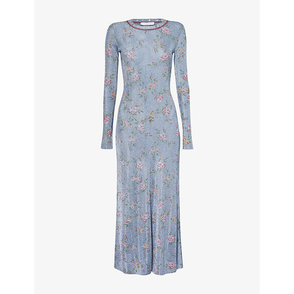 Rabanne Floral-print long-sleeve metallic-knit maxi dress