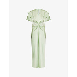 Victoria Beckham Plunge-V-neck ruched woven-blend midi dress | VICTORIA BECKHAM