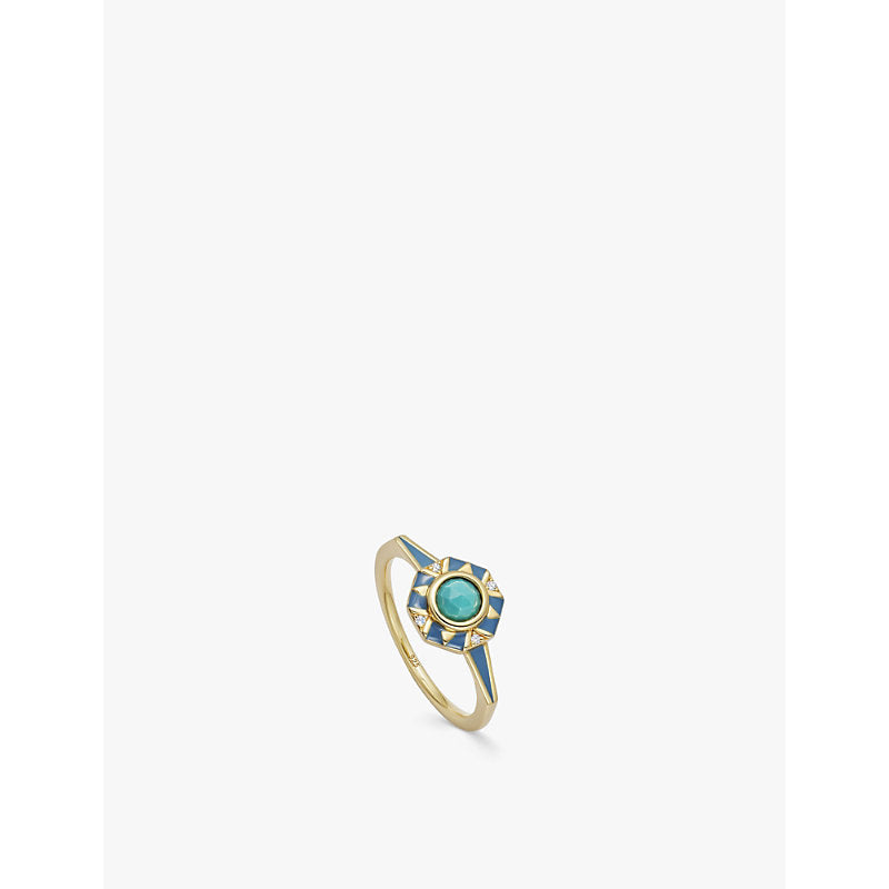 Astley Clarke Deco Turquoise 18ct yellow gold-plated vermeil sterling-silver and white sapphire enamel ring