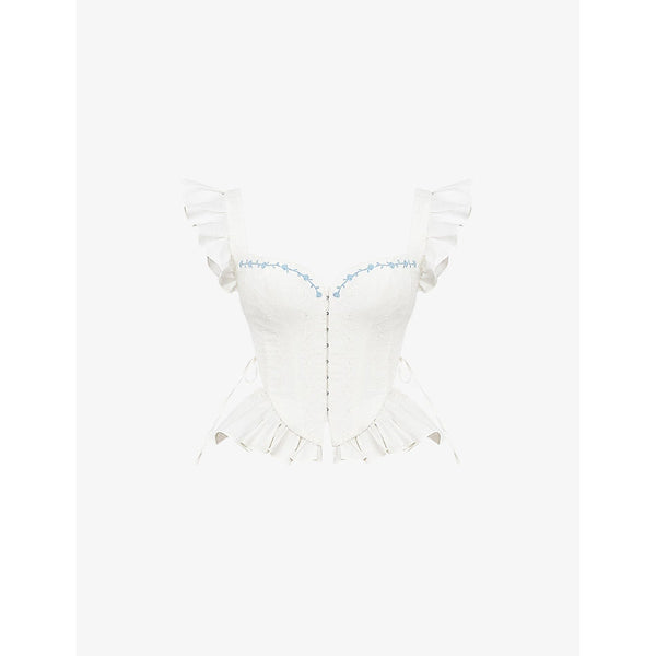 House of CB Lilibet floral-embroidered peplum cotton corset top