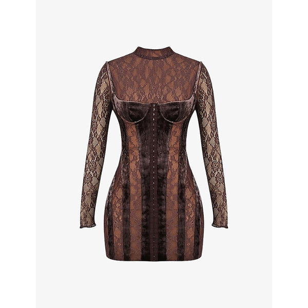 House of CB Marica crushed-velvet stretch-lace mini dress