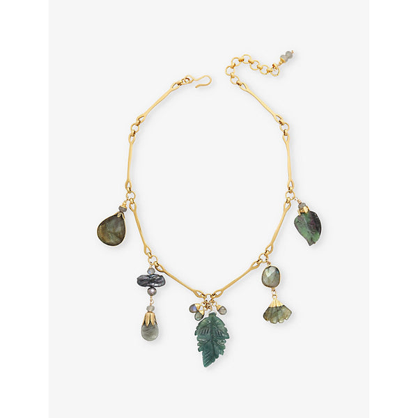 Brinker And Eliza Folklore 24ct antique yellow-gold plated brass, moss agate and labradorite pendant necklace