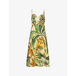 Farm Rio Sweetheart-neckline floral-appliqué linen midi dress | FARM RIO