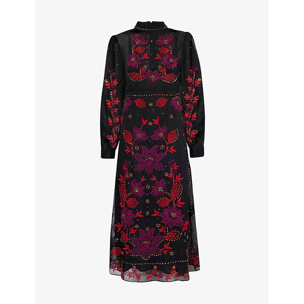 Farm Rio Round-neck floral-embroidered woven midi dress