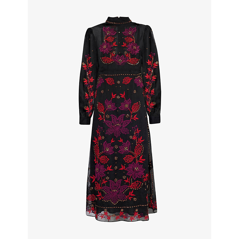 Farm Rio Round-neck floral-embroidered woven midi dress | FARM RIO