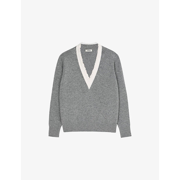 Sandro V-neck frill-trim wool and cashmere jumper