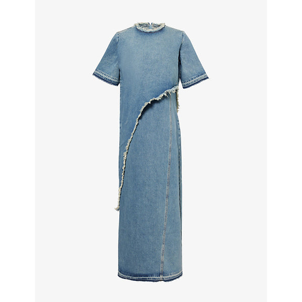 Stel Layered Raw-Trim Faded-Wash Denim Maxi Dress