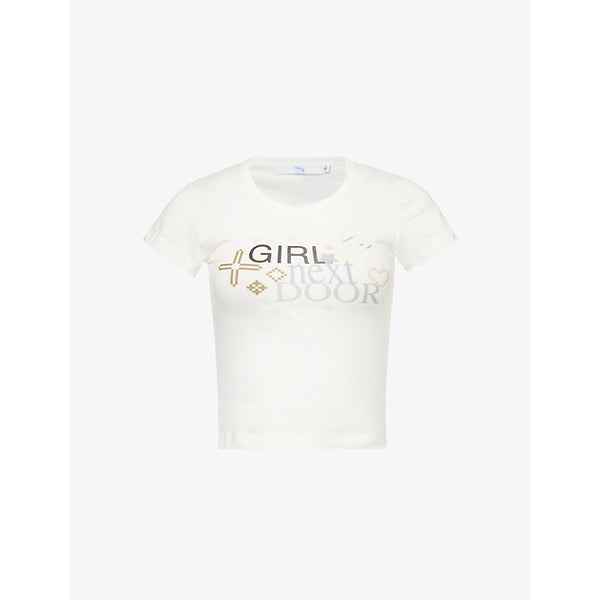 Praying Girl Next Door Slogan-Print Cotton T-Shirt