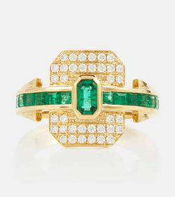 Rainbow K Shield 18kt gold ring with diamonds and emeralds