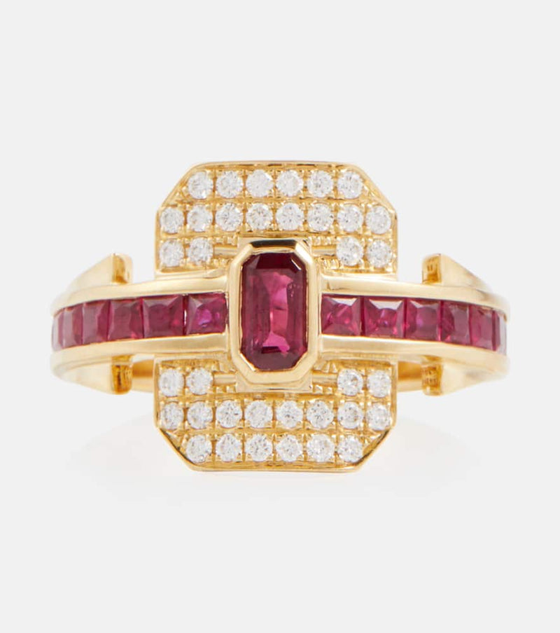 Rainbow K Shield 18kt gold ring with diamonds and rubies | LYBSTORE