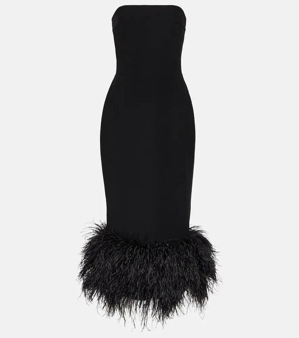 Rasario Feather-trimmed strapless crêpe midi dress | LYBSTORE