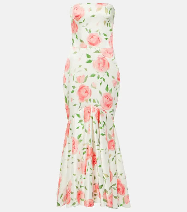 Rasario Floral strapless ruffled satin gown | LYBSTORE