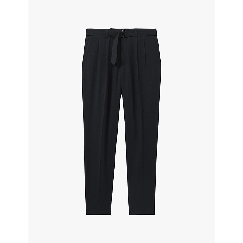 Reiss Belted-waist slim-fit cropped stretch-woven trousers