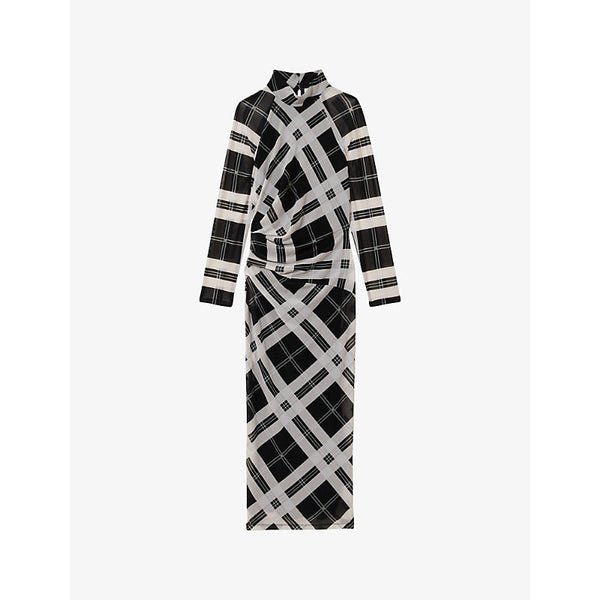 Reiss Darla high-neck long-sleeve checked stretch-mesh midi dress | LYBSTORE