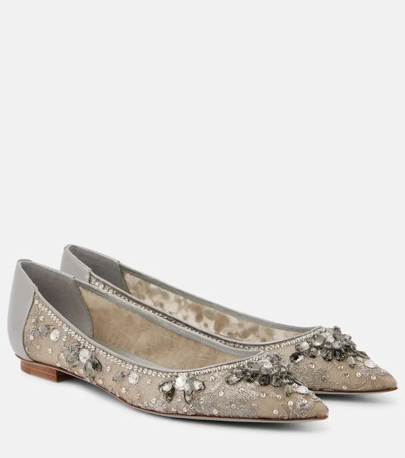 Rene Caovilla Embellished leather-trimmed ballet flats | LYBSTORE