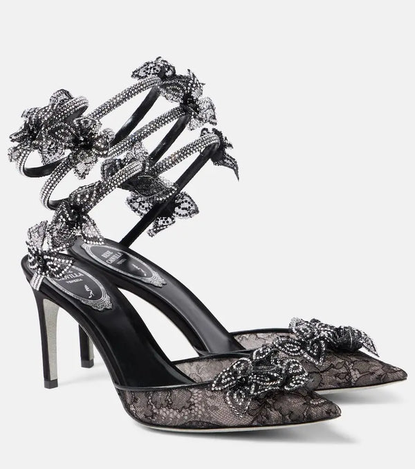 Rene Caovilla Floriane 80 embellished lace and leather pumps | LYBSTORE