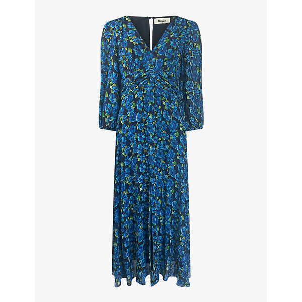 Ro&Zo Blue Floral Print Ruched Waist Dress | LYBSTORE