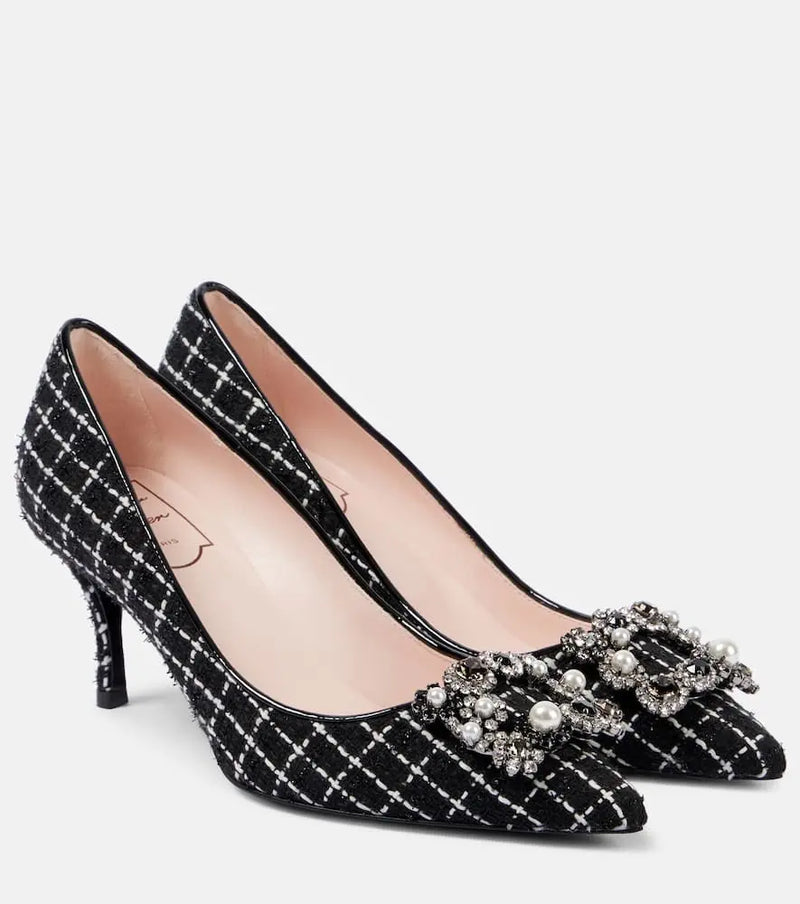 Roger Vivier Flower Strass 65 leather-trimmed bouclé pumps