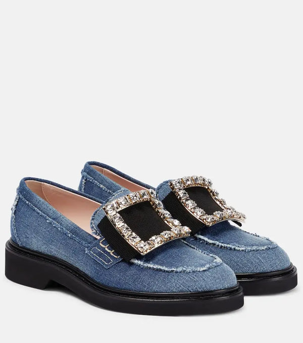 Roger Vivier Viv' Rangers embellished denim loafers | LYBSTORE