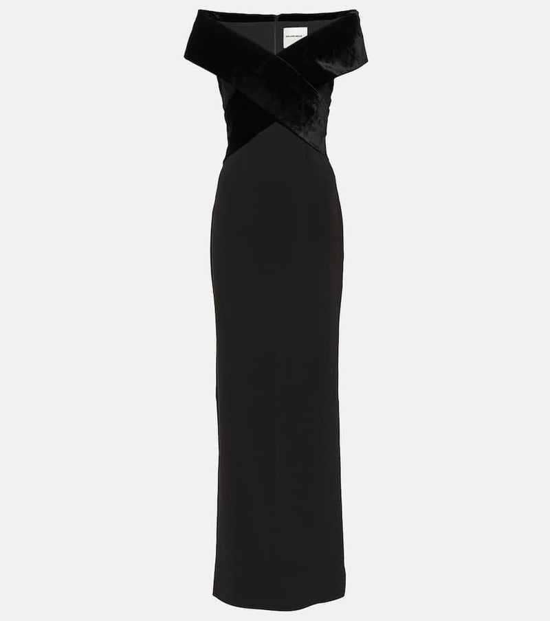 Roland Mouret Off-shoulder velvet-trimmed cady gown