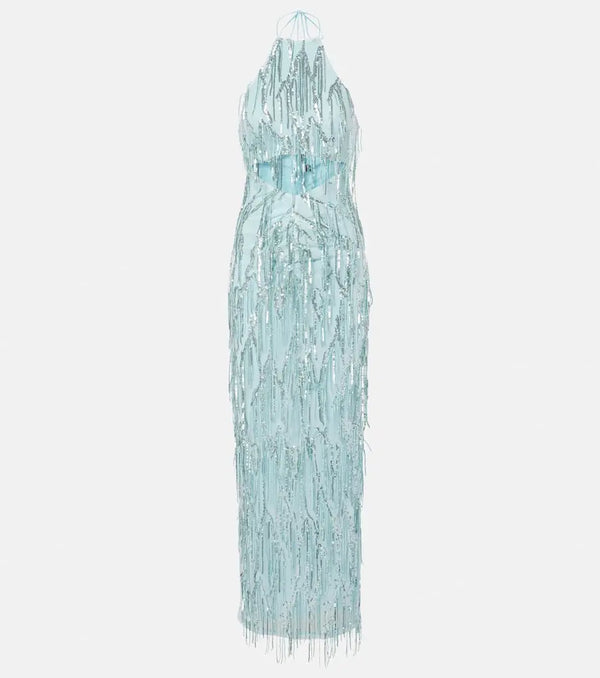 Rotate Cutout fringed sequined maxi dress