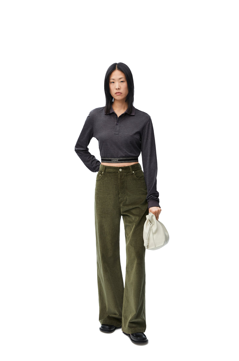 Long sleeve cropped polo in silk and cotton