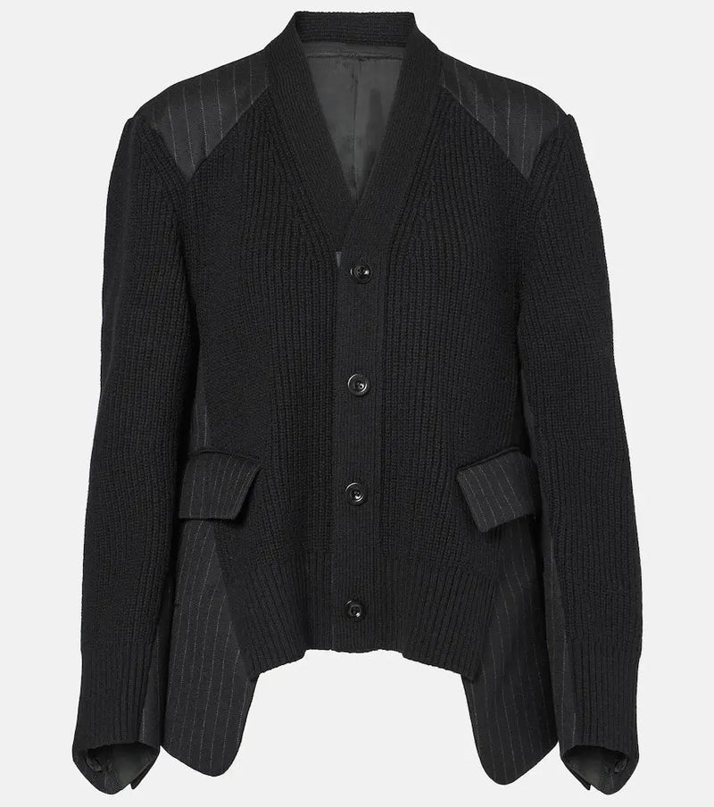 Sacai Chalk stripe ribbed-knit wool cardigan | LYBSTORE