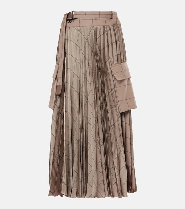 Sacai Checked pleated wool-paneled midi skirt