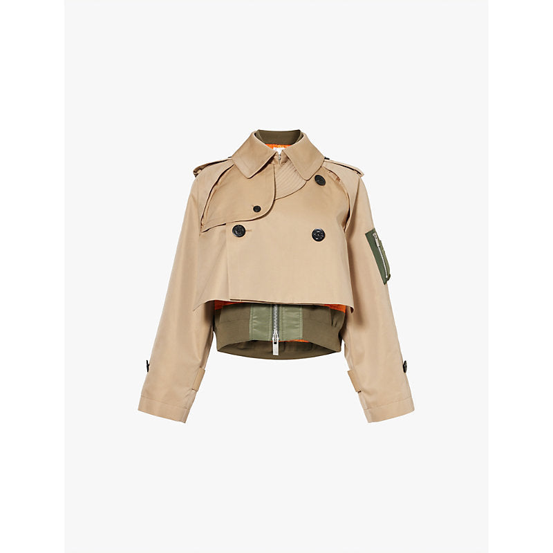 Sacai Cropped double-breasted cotton-blend jacket