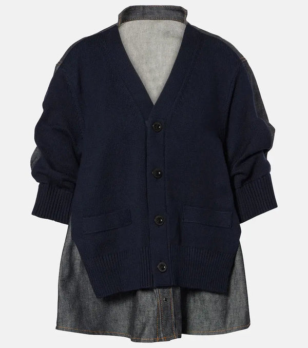 Sacai Knitted cotton-blend and denim cardigan | LYBSTORE