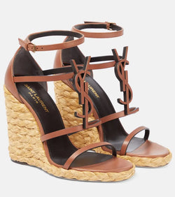 Saint Laurent Cassandra 115 leather and raffia wedge sandals