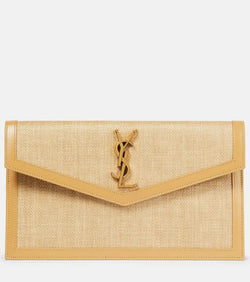 Saint Laurent Uptown leather-trimmed raffia clutch | LYBSTORE