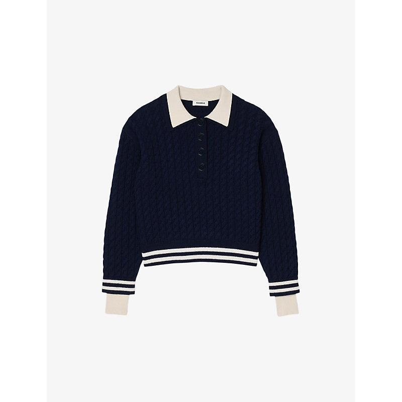 Sandro Button-collar cable-knit wool and cashmere-blend jumper