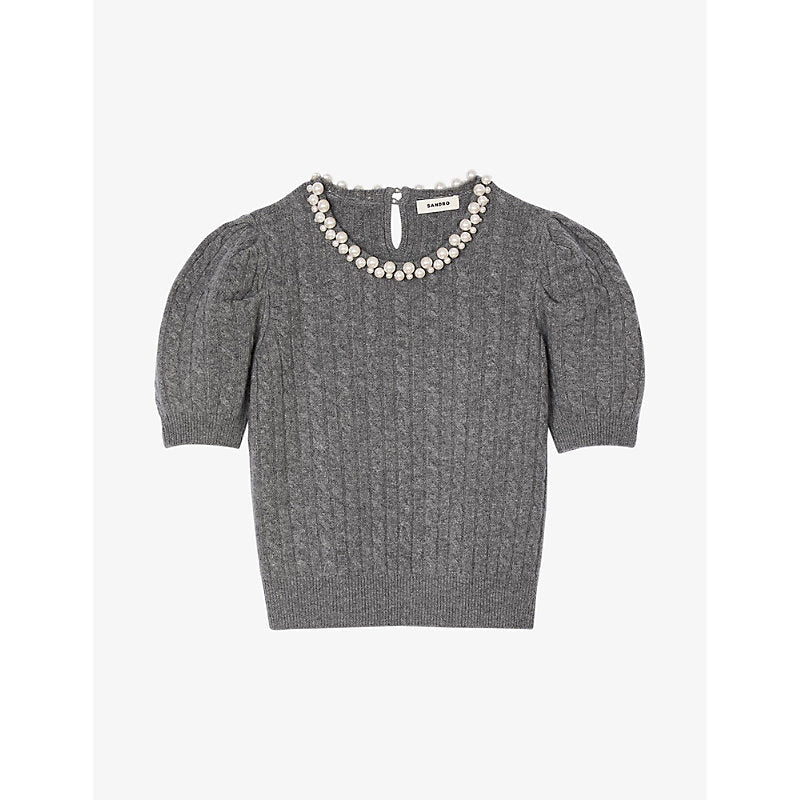 Womens Sandro Cable-knit bead-embellished wool and cashmere jumper